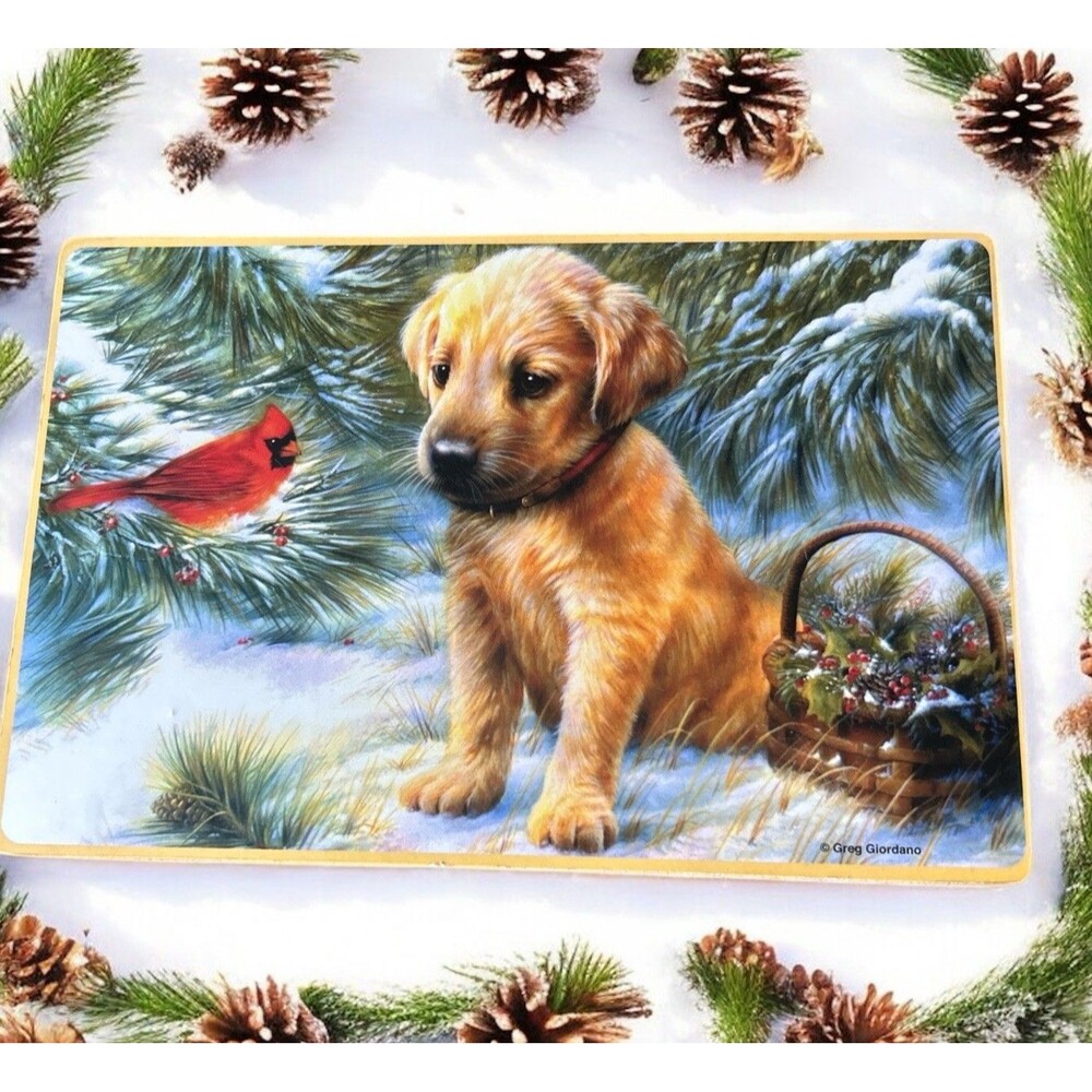 Christmas Winter Cork Back Trivet "Winter Friends" Greg Giordano Puppy Cardinal